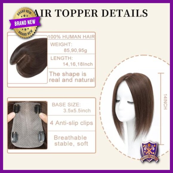 Real Human Hair Topper with Bangs for Thinning Crown, 14 Inch